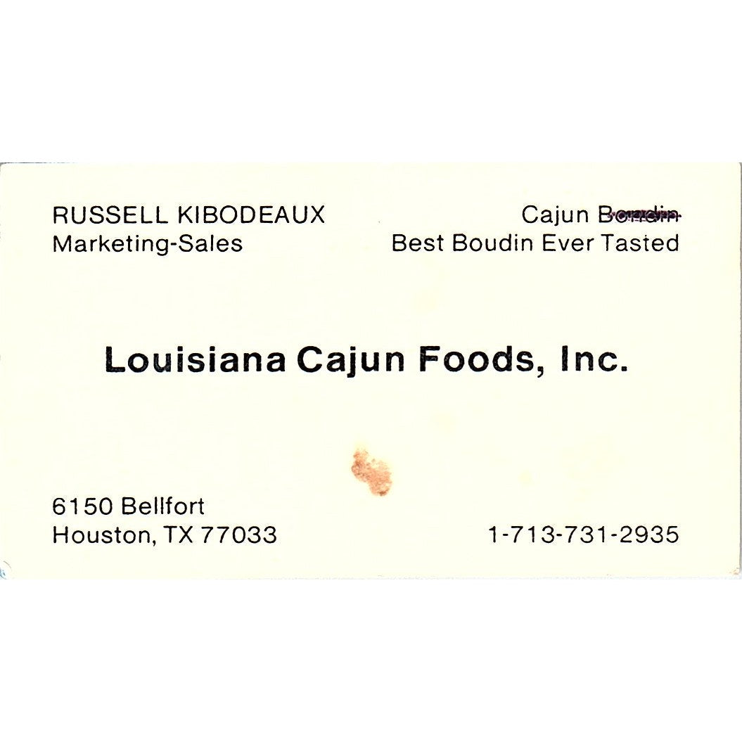 Russell Kibodeaux Louisiana Cajun Foods Inc Houston Vintage Business Card SC9-B7