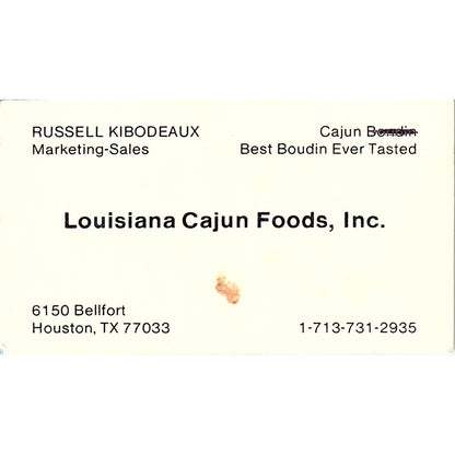 Russell Kibodeaux Louisiana Cajun Foods Inc Houston Vintage Business Card SC9-B7
