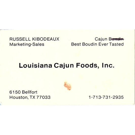 Russell Kibodeaux Louisiana Cajun Foods Inc Houston Vintage Business Card SC9-B7
