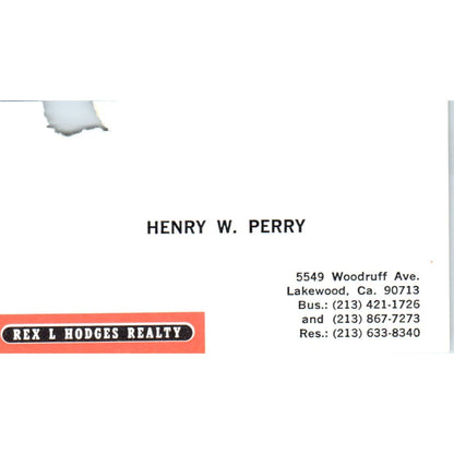 Henry W. Perry Rex L. Hodges Realty Lakewood CA Vintage Business Card SD8-B1