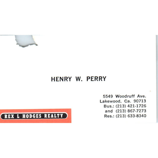 Henry W. Perry Rex L. Hodges Realty Lakewood CA Vintage Business Card SD8-B1