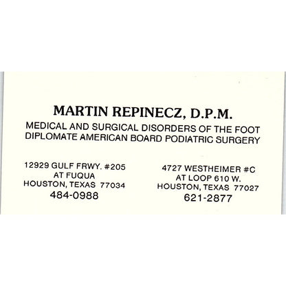 Podiatric Surgery, Martin Repinecz Houston, Texas Vintage Business Card SF3-B9