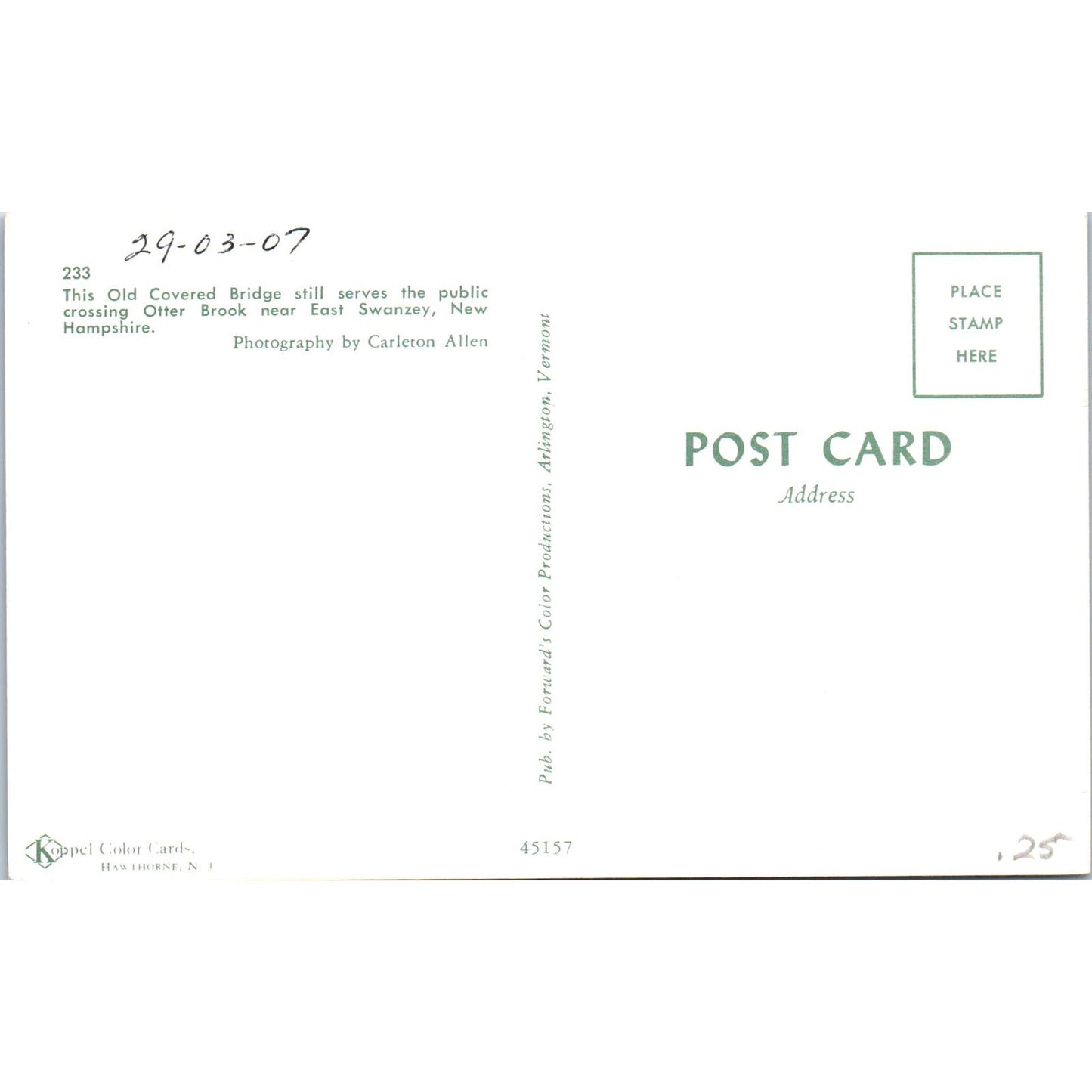 Otter Brook East Swanzey NH Covered Bridge Postcard PC4