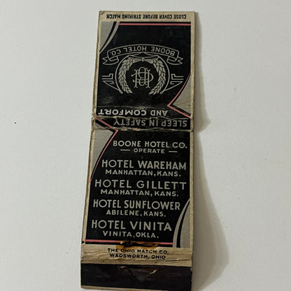 Boone Hotel Co Hotel Wareham Manhattan KS Vintage Matchbook TB6-MB2-11
