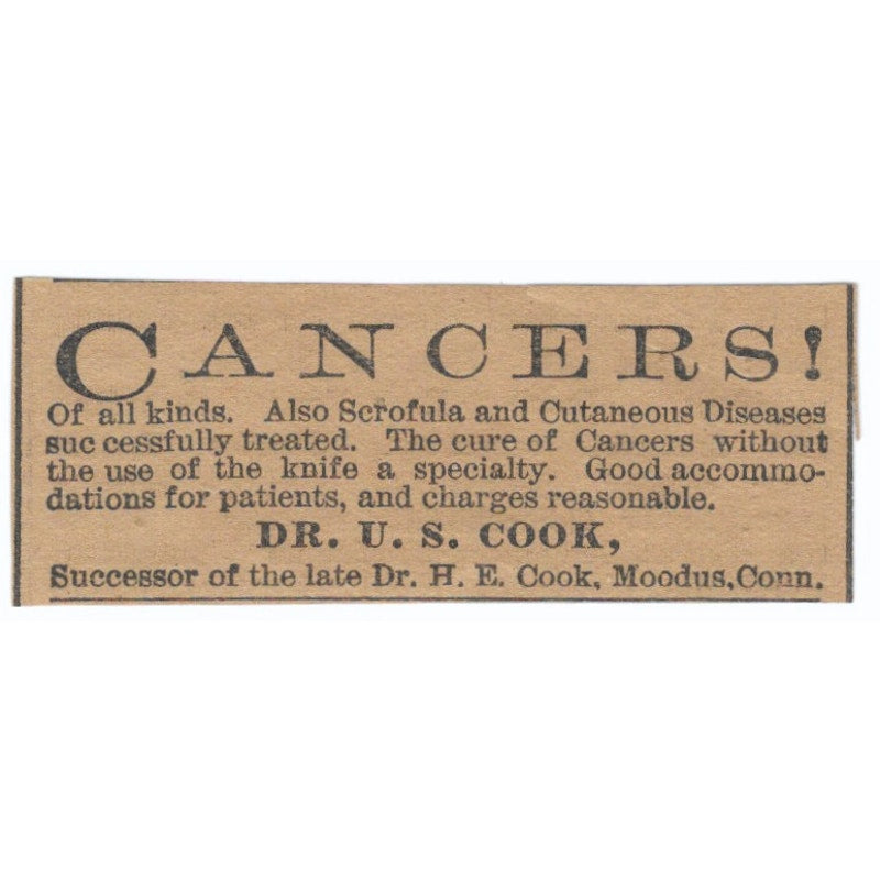 Dr. U.S. Cook Cancer Treatment Moodus Hartford 1886 Newspaper Ad AF7-SS8