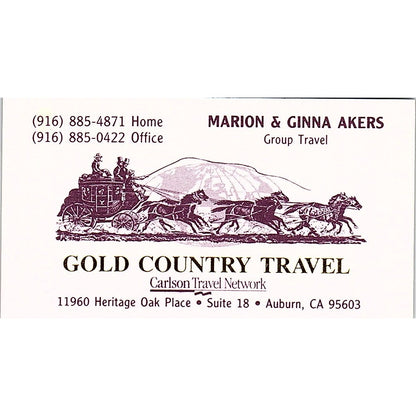 Marion & Ginna Akers Gold Country Travel Auburn CA Vintage Business Card SD9-B14