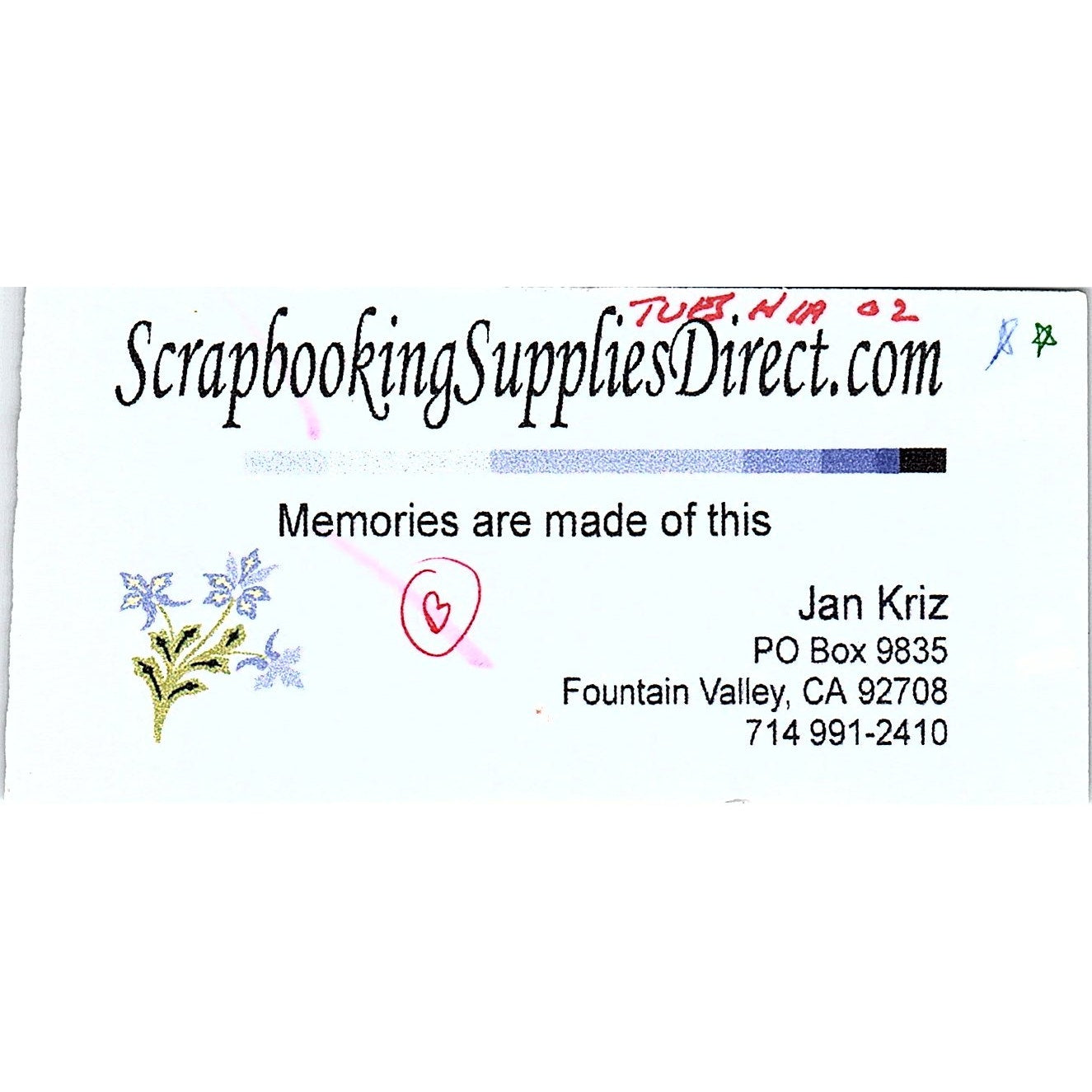 Jan Kriz Scrapbooking Supplies Direct Fountain Valley Vtg Business Card TH2-B2