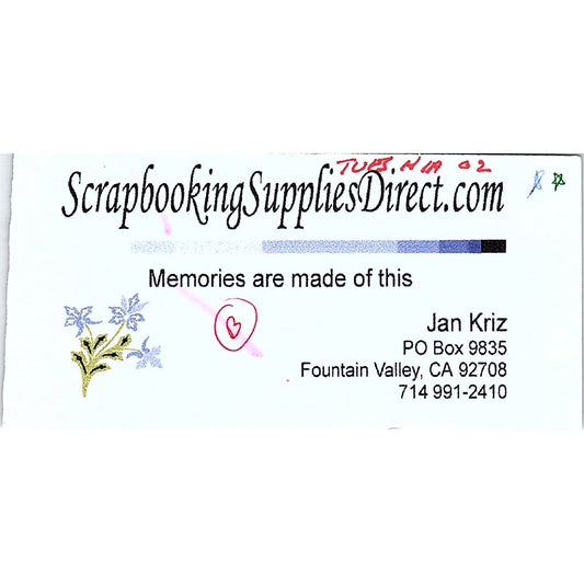 Jan Kriz Scrapbooking Supplies Direct Fountain Valley Vtg Business Card TH2-B2
