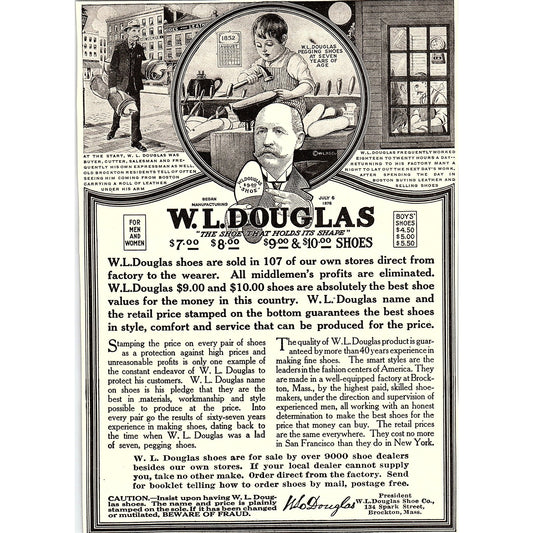 W.L. Douglas Shoe That Holds Its Shape Brockton Massachusetts c1920 Ad AF8-10