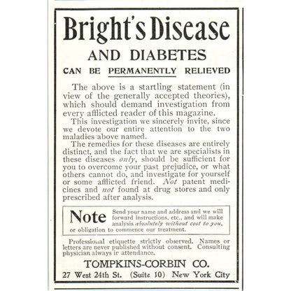 Tompkins-Corbin Co Diabetes & Bright's Disease NY 1903 Magazine Ad AF2-O4