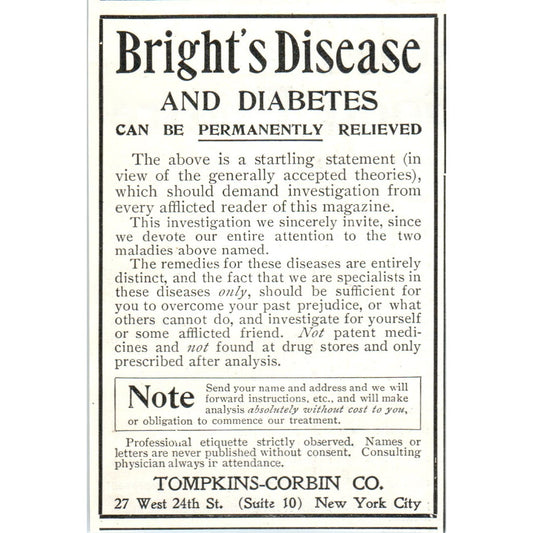 Tompkins-Corbin Co Diabetes & Bright's Disease NY 1903 Magazine Ad AF2-O4