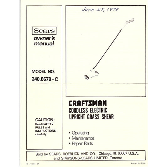 Sears Craftsman Cordless Electric Grass Shear Model 240.8679-C Manual AG5-1