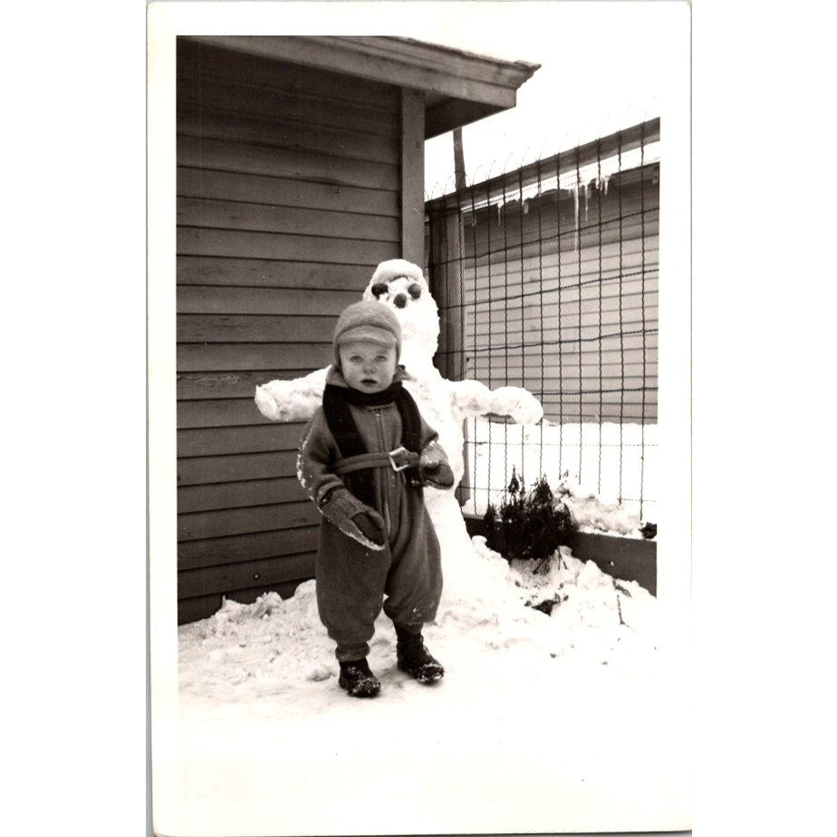 1944 Little Boy Richard With Snowman West Salem WI 4x6" Original Photo AI9-H4