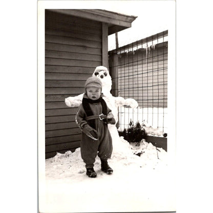 1944 Little Boy Richard With Snowman West Salem WI 4x6" Original Photo AI9-H4