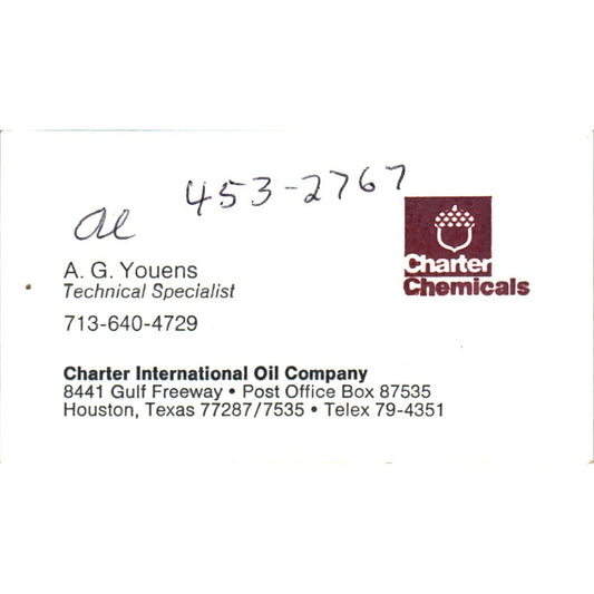 A.G. Youens Charter Chemicals International Oil Co Houston Business Card SE3-B10
