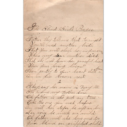 1870s Handwritten Poem - The Blind Girl's Prayer L.M. Welk D21