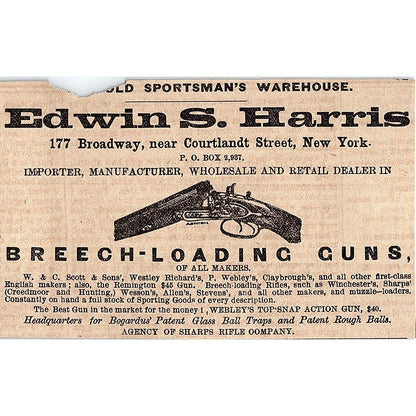 Edwin S Harris Breech Loading Guns Broadway New York 1878 Ad AG2-H4