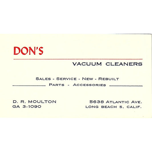 Don's Vacuum Cleaners D. R. Moulton Long Beach CA Vintage Business Card SF3-B7