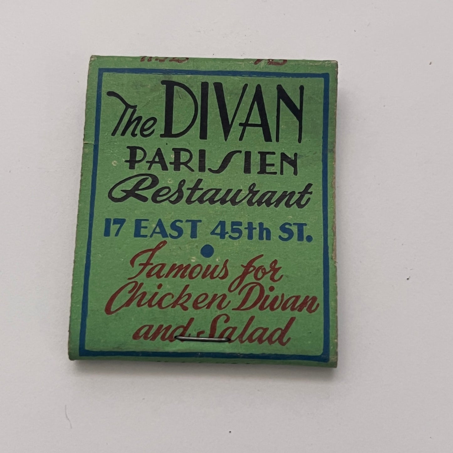 The Divan Parisien Restaurant 45th St. NYC NY Vintage Matchbook Cover TB8-MB-1