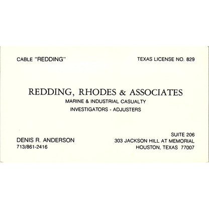 Denis R Anderson Redding, Rhodes & Assoc Houston Vintage Business Card SC9-B4