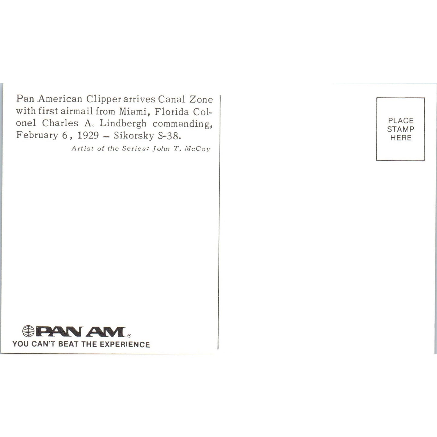 Sikorsky S-38 Pan Am Airlines Illustration Vintage Postcard TG8-PC