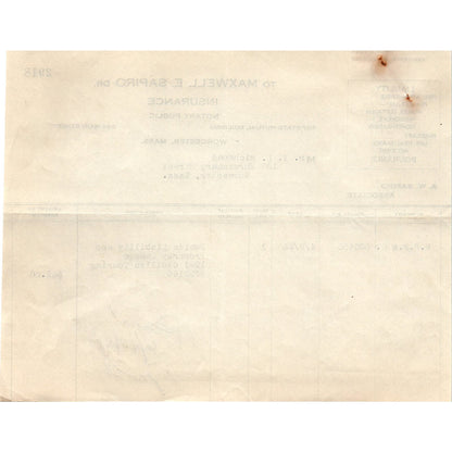 Maxwell E. Sapiro Ins Worcester 1925 Original Billhead Letterhead Receipt D8