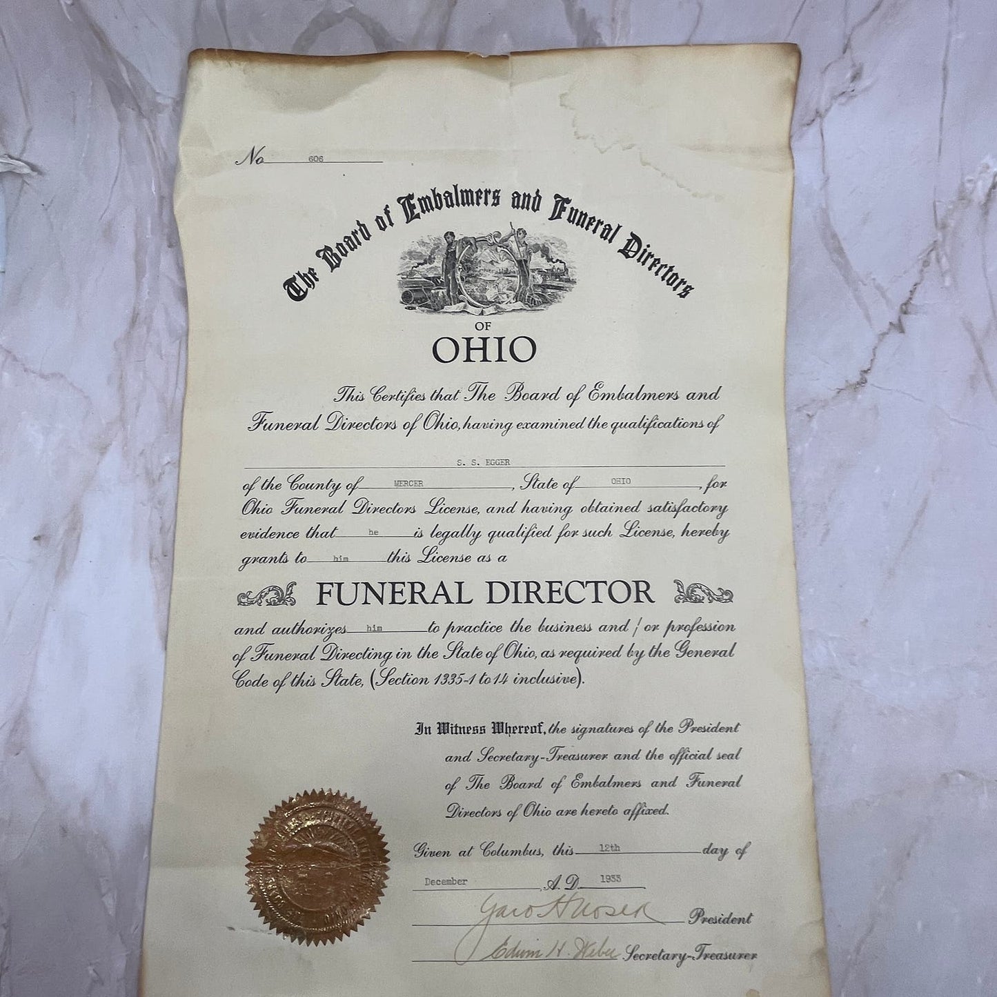 1933 Embalmers & Funeral Directors of Ohio Certificate S.S. Egger Mercer FL6-1