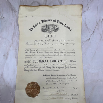 1933 Embalmers & Funeral Directors of Ohio Certificate S.S. Egger Mercer FL6-1