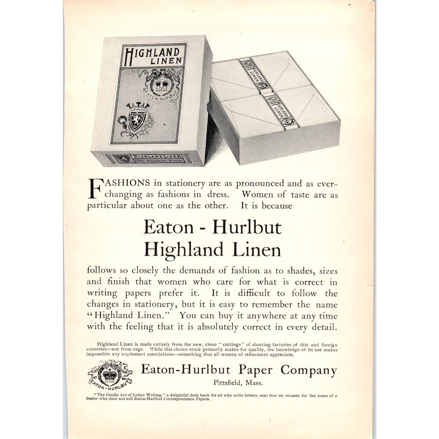 Highland Linen Paper Eaton-Hurlbut Paper Co Pittsfield MA c1905 Victorian Ad D13