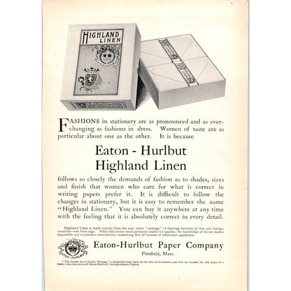 Highland Linen Paper Eaton-Hurlbut Paper Co Pittsfield MA c1905 Victorian Ad D13