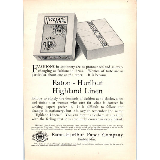 Highland Linen Paper Eaton-Hurlbut Paper Co Pittsfield MA c1905 Victorian Ad D13
