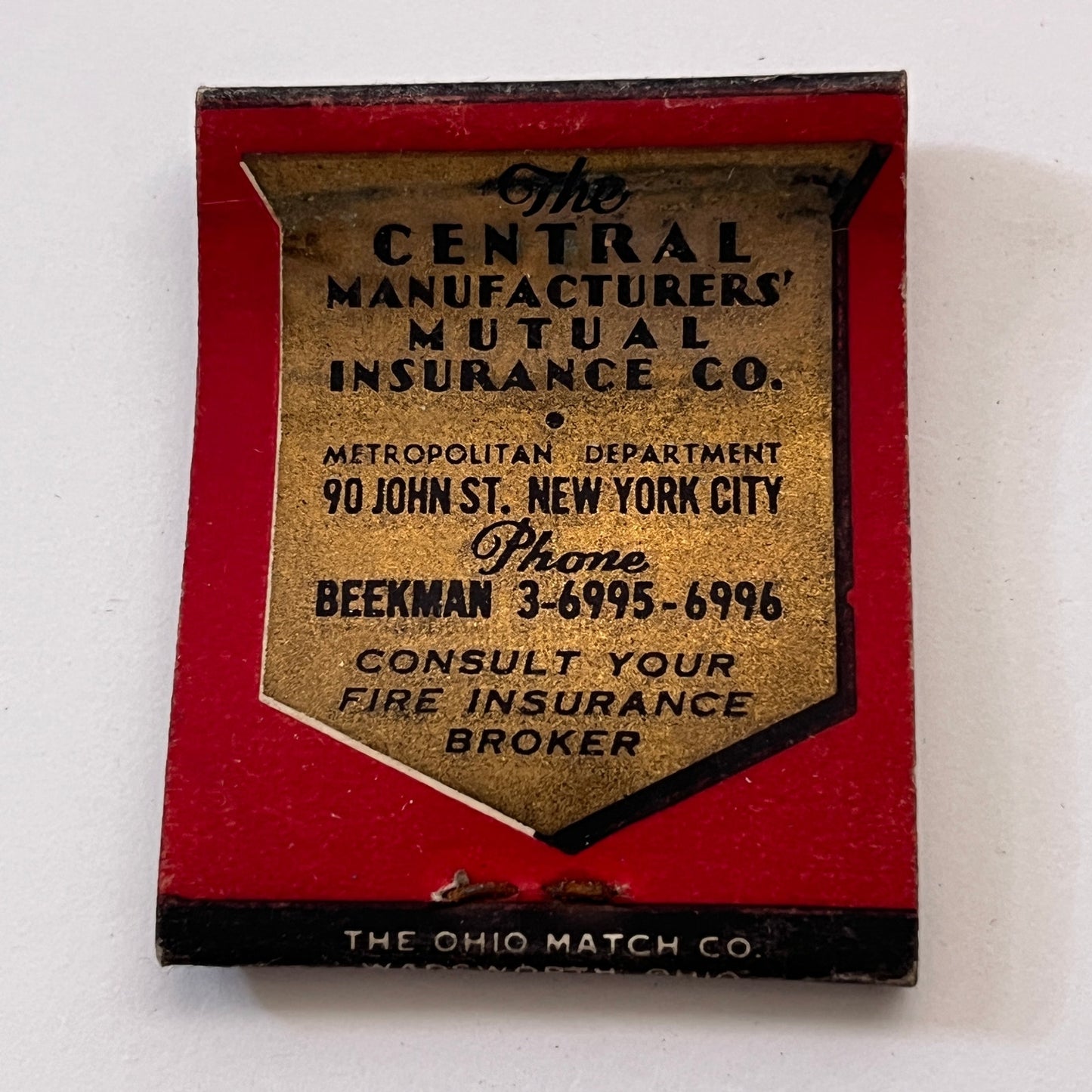 Central Manufacturers Mutual Ins Co NY Vintage Matchbook Cover TB8-MB3-5