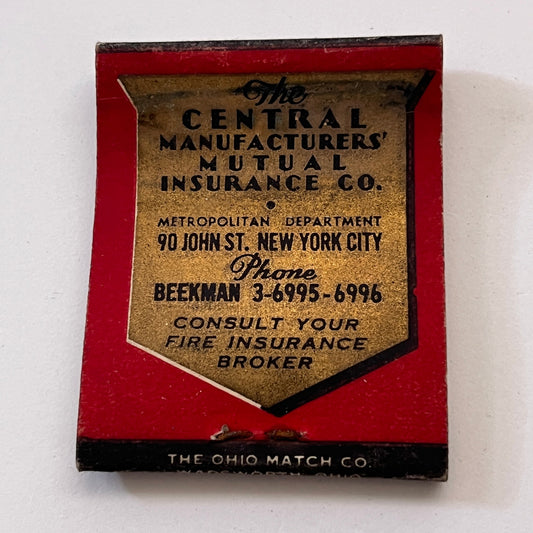 Central Manufacturers Mutual Ins Co NY Vintage Matchbook Cover TB8-MB3-5
