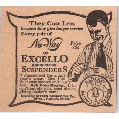 Nu-Way Stretch Suspender Co Excello Suspenders Adrian MI 1922 Magazine Ad AF2-S8