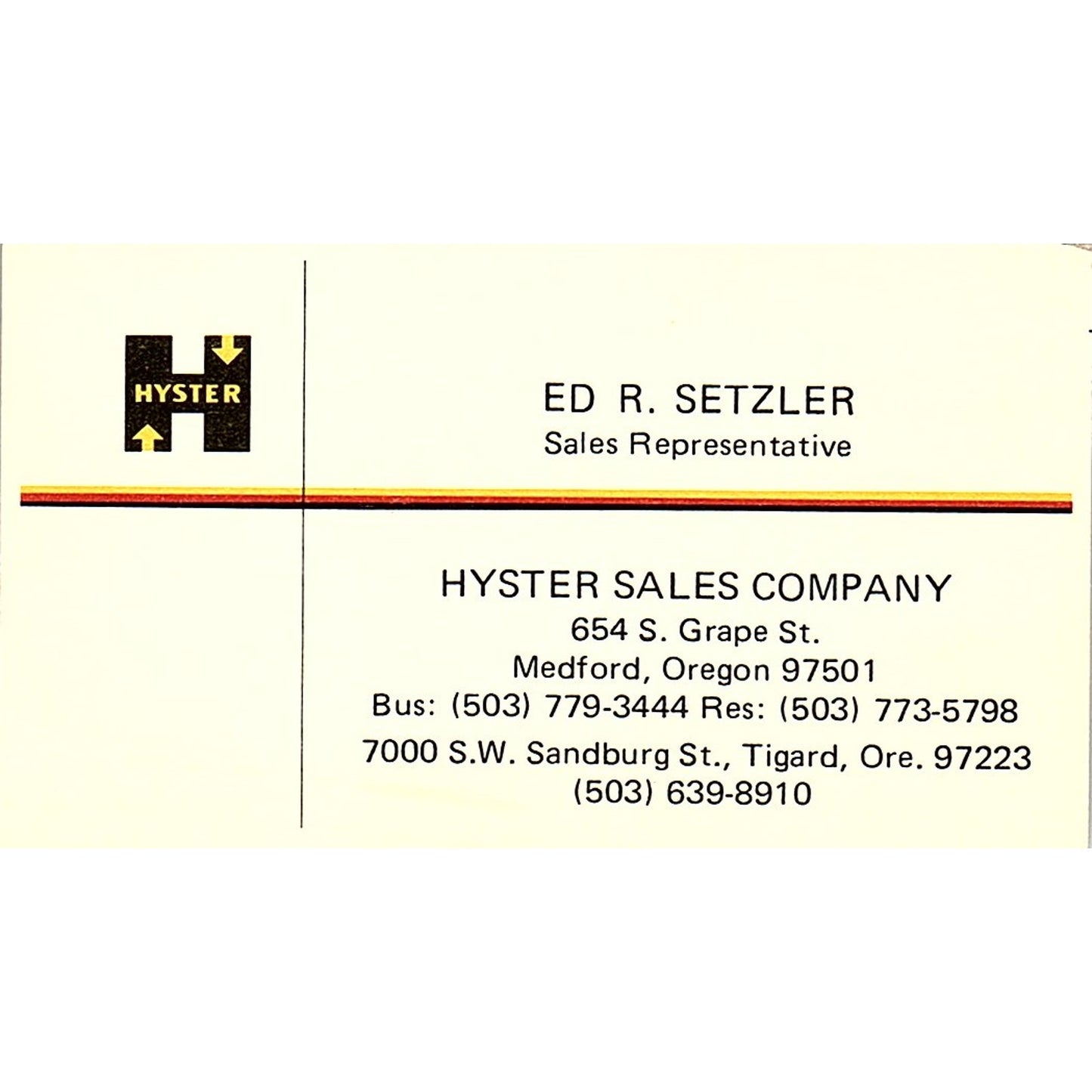 Hyster Sales Company Ed R. Setzler Medford Oregon Vintage Business Card SB4-B4