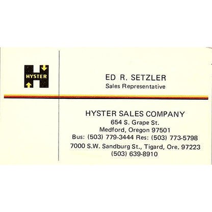 Hyster Sales Company Ed R. Setzler Medford Oregon Vintage Business Card SB4-B4