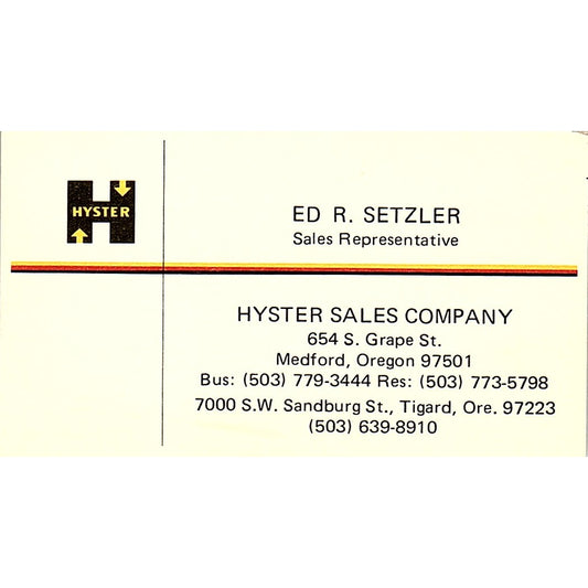 Hyster Sales Company Ed R. Setzler Medford Oregon Vintage Business Card SB4-B4