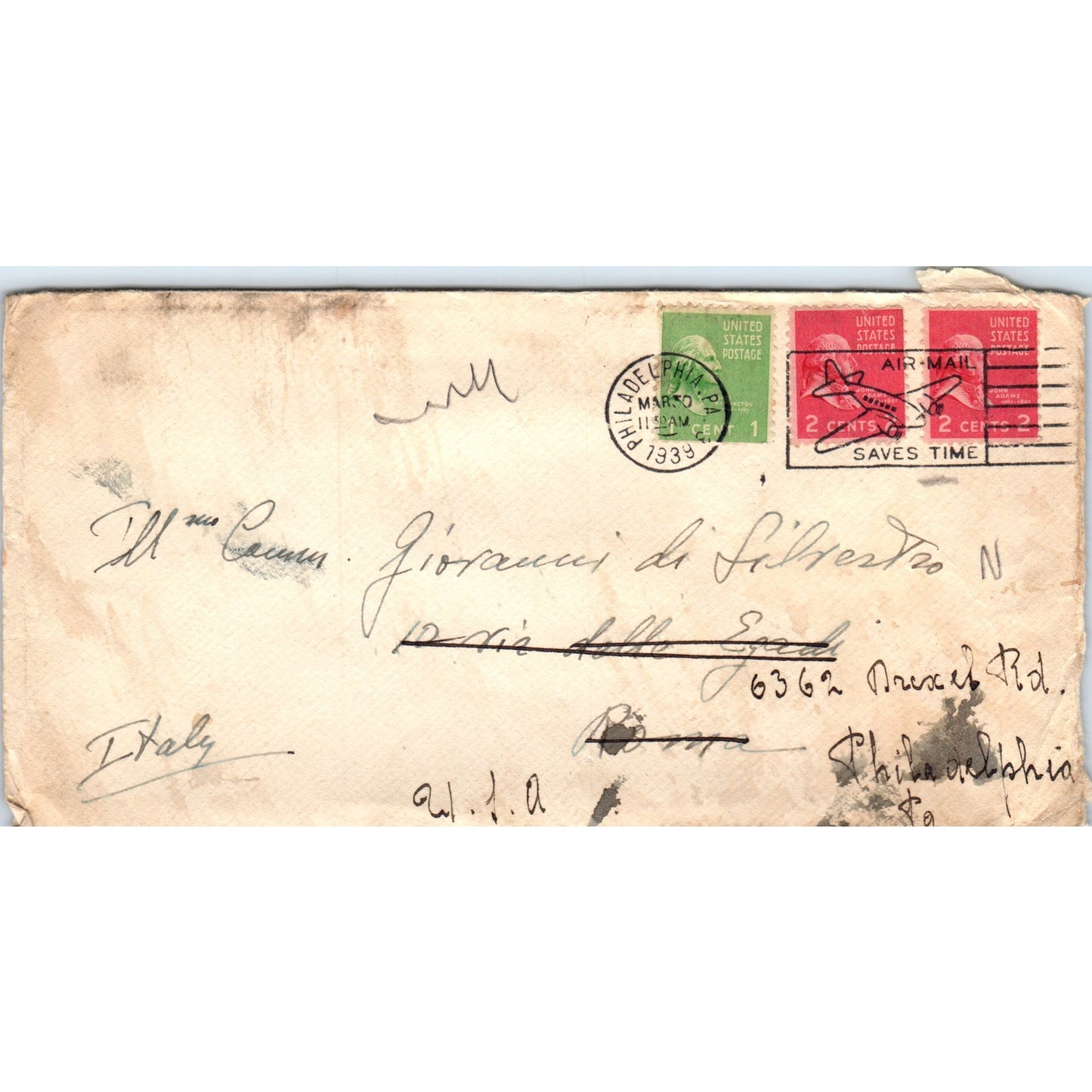 1939 Giovanni Di Silvestro Air-Mail Philadelphia Postal Cover Envelope TG7-PC3