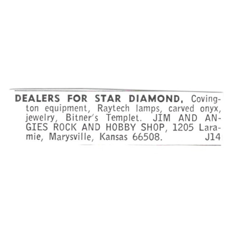 Jim and Angie's Rock and Hobby Shop Star Diamond Marysville KS 1972 Ad AF8-S24