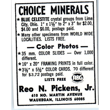 Reo N. Pickens Jr Choice Minerals Waukegan IL 1971 Magazine Ad AD8-R9
