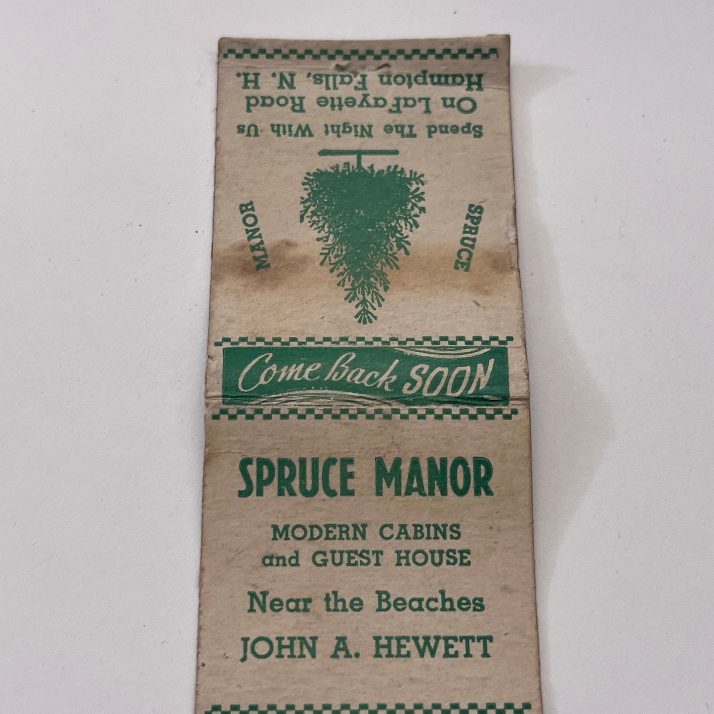 Spruce Manor Cabins John A Hewett Hampton Falls NH Matchbook Cover TB8-MB-11