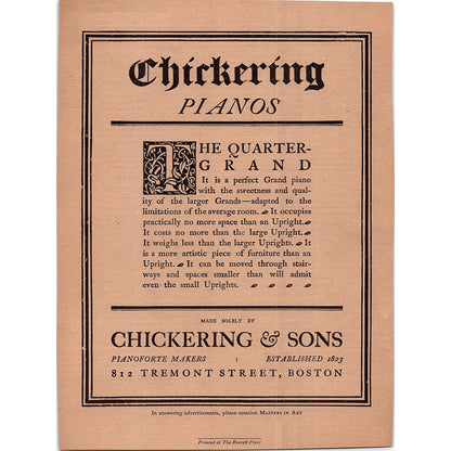 Chickering and Sons Quarter Grand Pianos Tremont St Boston - 1904 Ad AF5-2