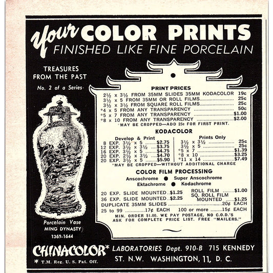 Chinacolor Finished Photo Prints Washington DC 1960 Magazine Ad AG6-5