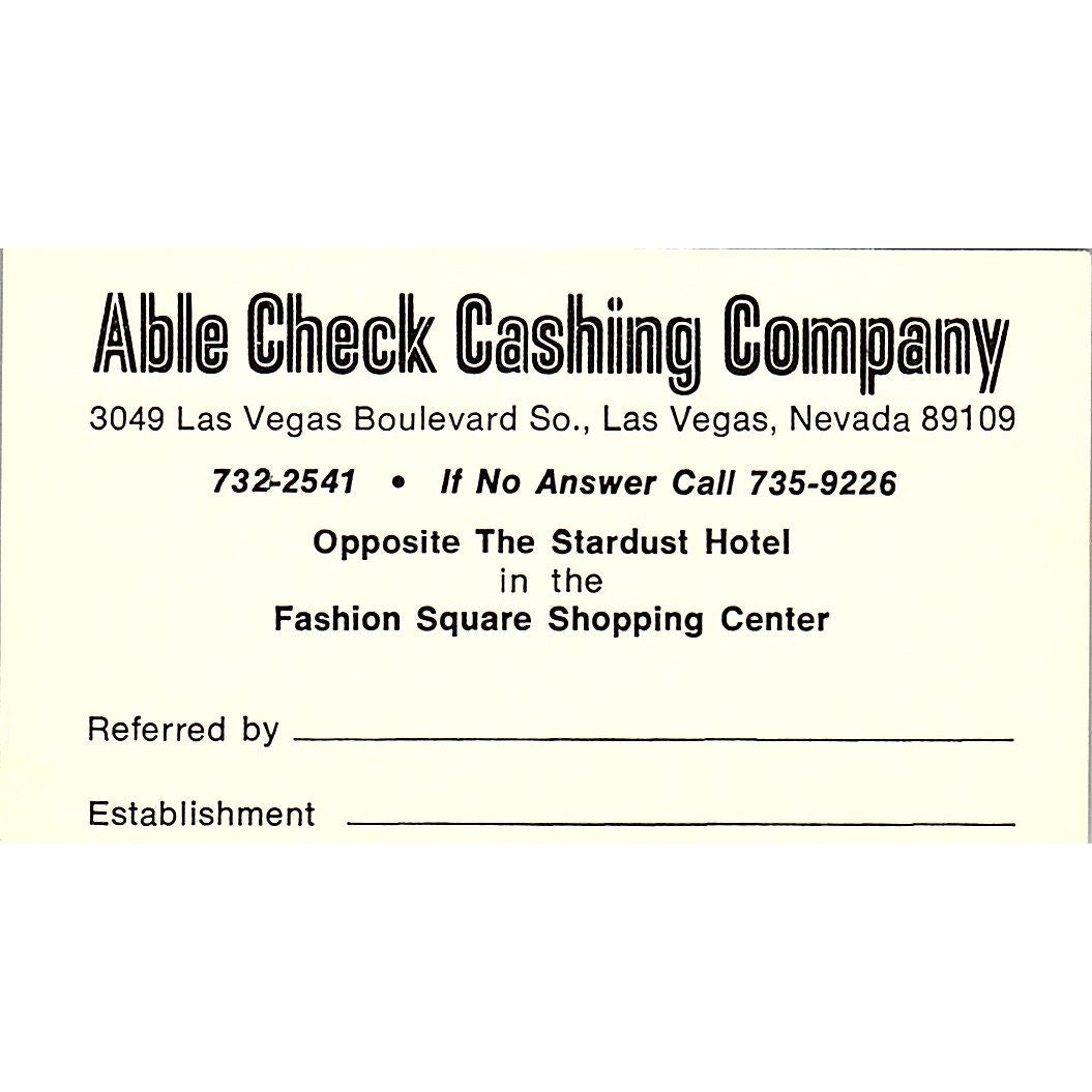 Able Check Cashing Company Las Vegas, Nevada Vintage Business Card SB4-B2