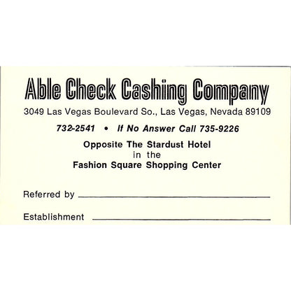 Able Check Cashing Company Las Vegas, Nevada Vintage Business Card SB4-B2
