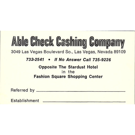Able Check Cashing Company Las Vegas, Nevada Vintage Business Card SB4-B2