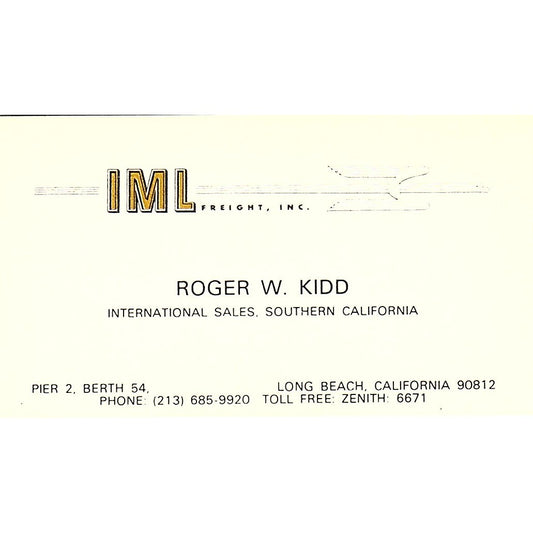 IML Freight Inc. Roger W. Kidd Long Beach CA Vintage Business Card SB4-B6