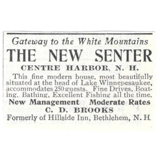 The New Senter Centre Harbor NH C.D. Brooks c1918 Original Advertisement AE5-SV6