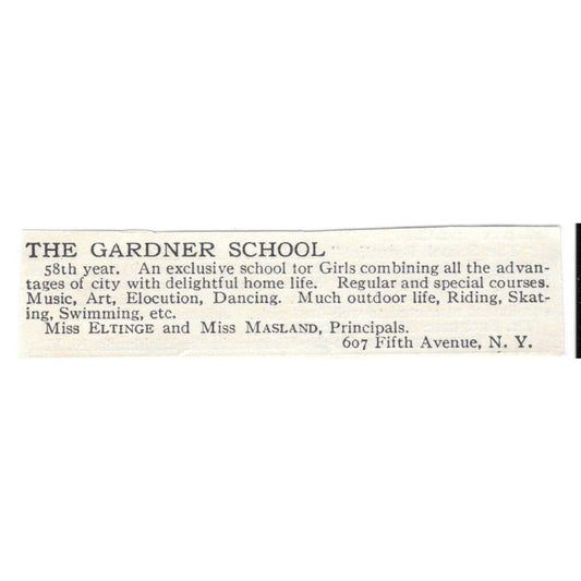 The Gardner School 607 5th Ave, NY Ms Eltinge & Ms Masland c1920 Ad AG4-S1