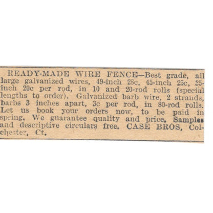 Case Bros. Wire Fence Colchester CT 1905 Magazine Ad AF1-NES3